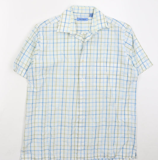 Peter England Mens Blue Check Polyester Button-Up Size M Collared Button