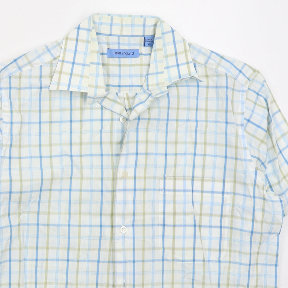 Peter England Mens Blue Check Polyester Button-Up Size M Collared Button