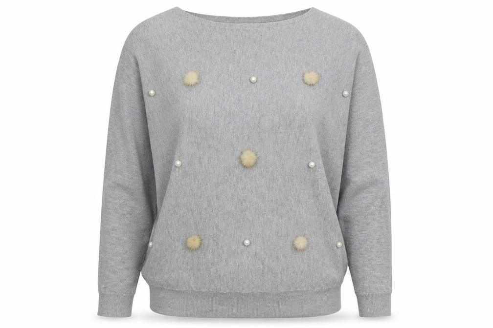 Millenium Womens Grey Boat Neck Viscose Pullover Jumper Size M - Pom Pom
