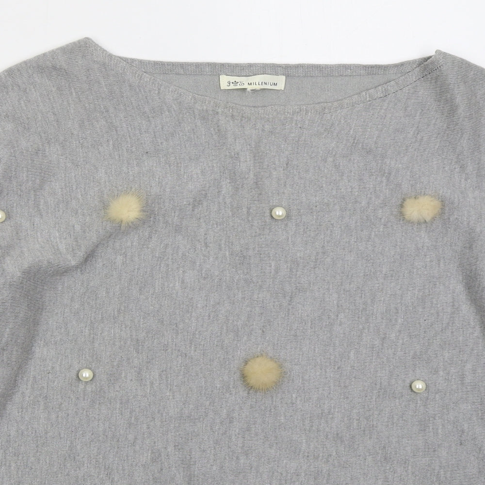 Millenium Womens Grey Boat Neck Viscose Pullover Jumper Size M - Pom Pom