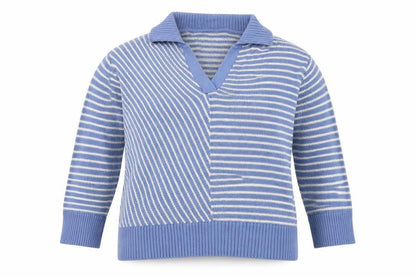Gallery Womens Blue Collared Striped Cotton Pullover Jumper Size L