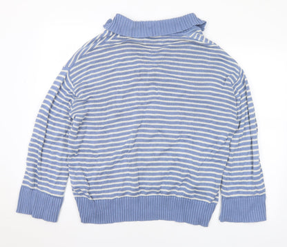 Gallery Womens Blue Collared Striped Cotton Pullover Jumper Size L