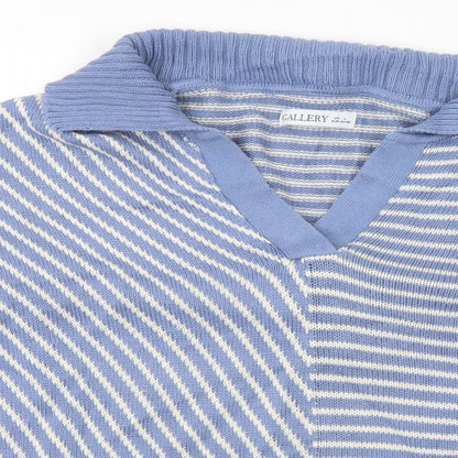 Gallery Womens Blue Collared Striped Cotton Pullover Jumper Size L