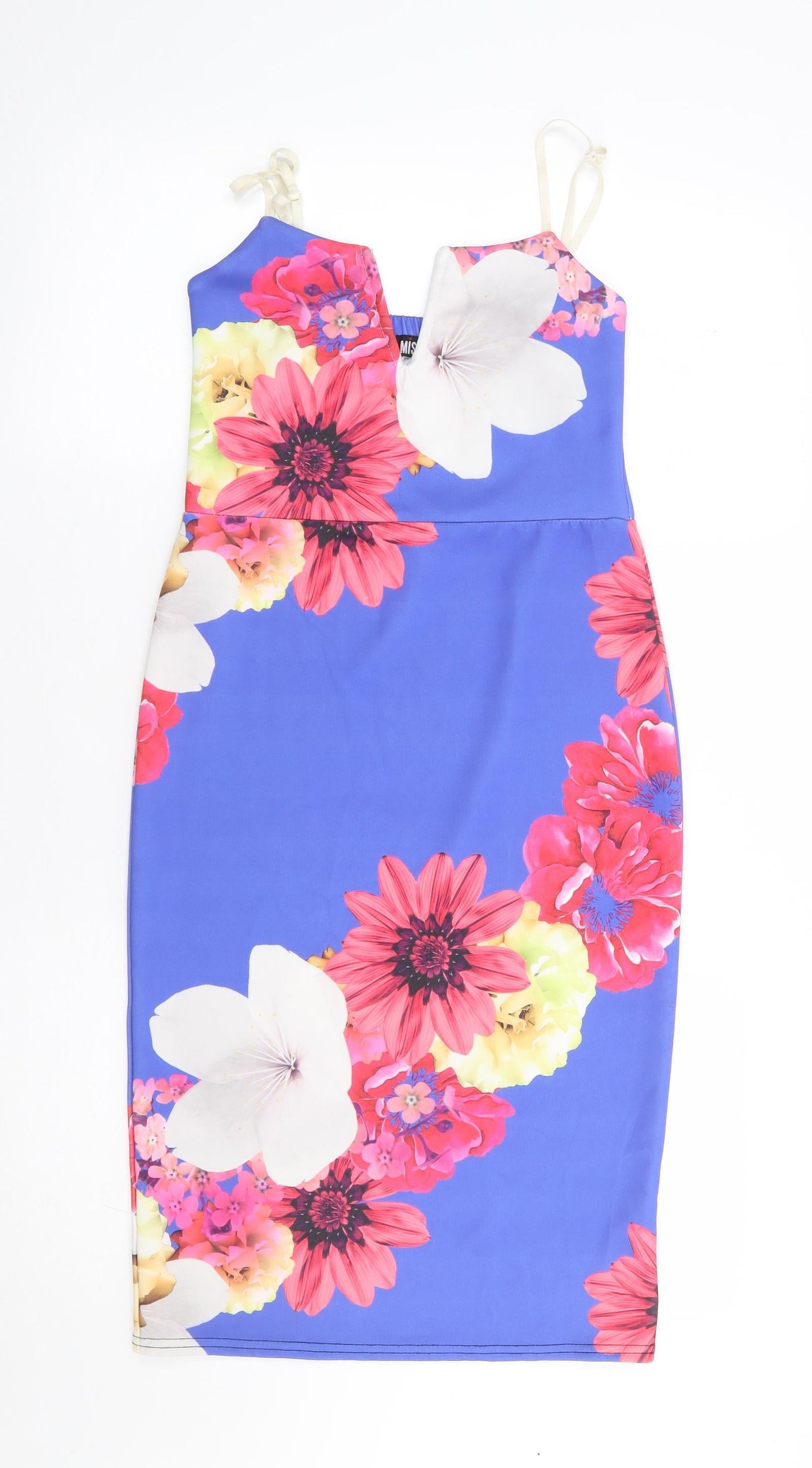 Miss Look Womens Blue Floral Polyester Bodycon Size 8 V-Neck Pullover