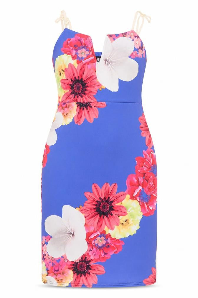 Miss Look Womens Blue Floral Polyester Bodycon Size 8 V-Neck Pullover