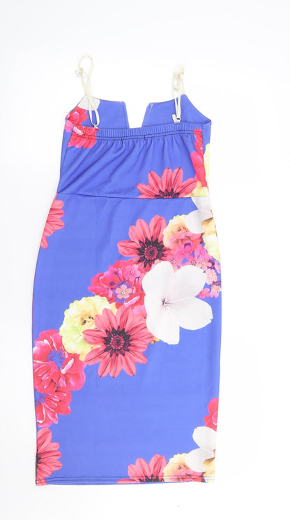 Miss Look Womens Blue Floral Polyester Bodycon Size 8 V-Neck Pullover