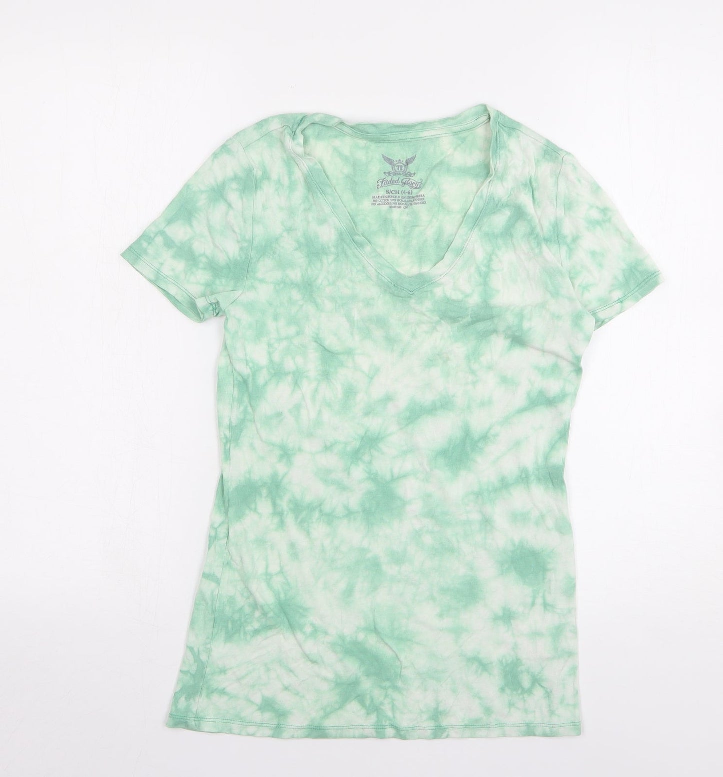 Faded Glory Womens Green Geometric Cotton Basic T-Shirt Size 4 V-Neck