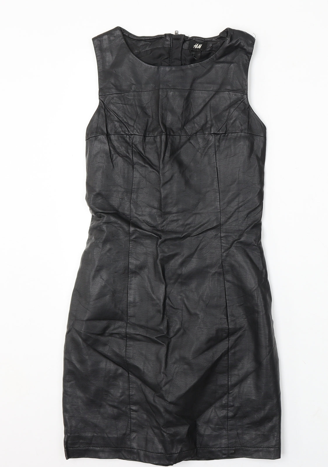 H&M Womens Black Polyurethane Pencil Dress Size 6 Round Neck