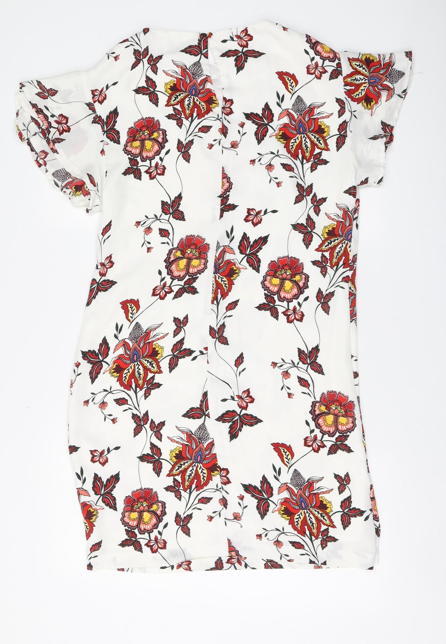 H&M Womens White Floral Polyester A-Line Size 8 Round Neck
