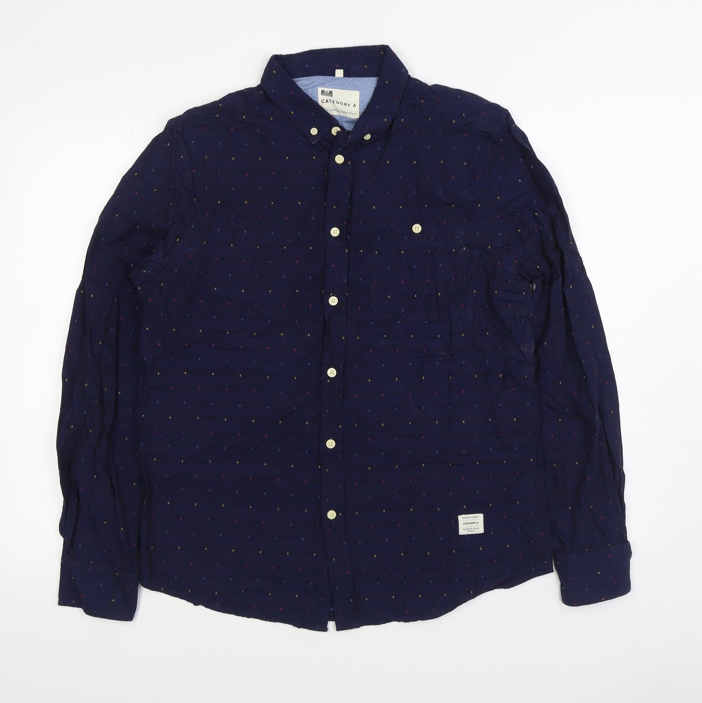 Category A Mens Blue Geometric Cotton Button-Up Size L Collared Button