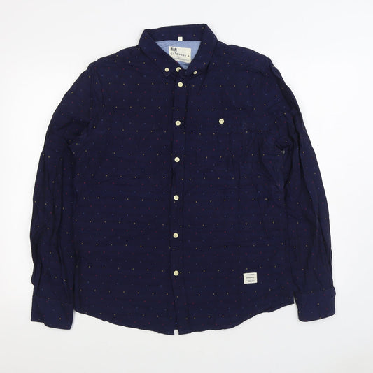 Category A Mens Blue Geometric Cotton Button-Up Size L Collared Button