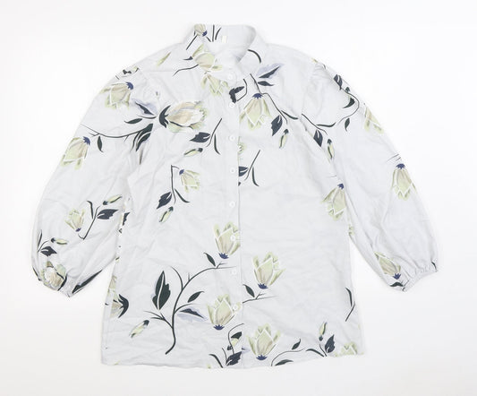 Preworn Womens Grey Floral Cotton Basic Blouse Size M Round Neck