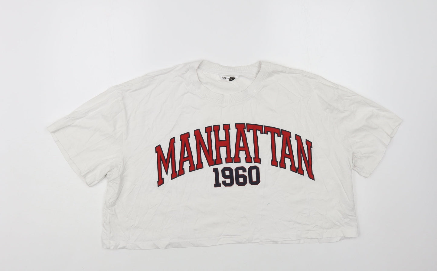 PEP&CO Womens White Cotton Cropped T-Shirt Size L Crew Neck - Manhattan