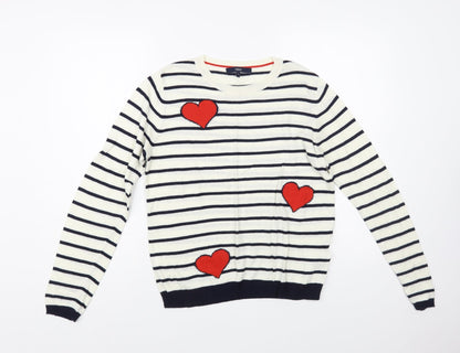 Preloved NEXT Womens White Crew Neck Striped Acrylic Pullover Jumper Size 8 - Hearts - Front
