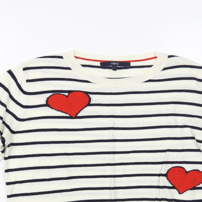 Preloved NEXT Womens White Crew Neck Striped Acrylic Pullover Jumper Size 8 - Hearts - Detail