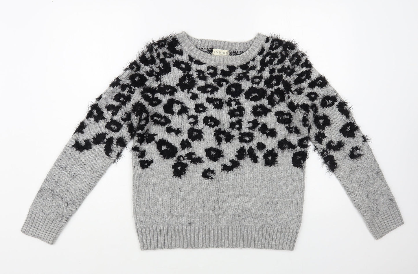 Marks and Spencer Womens Grey Boat Neck Animal Print Polyamide Pullover Jumper Size 8