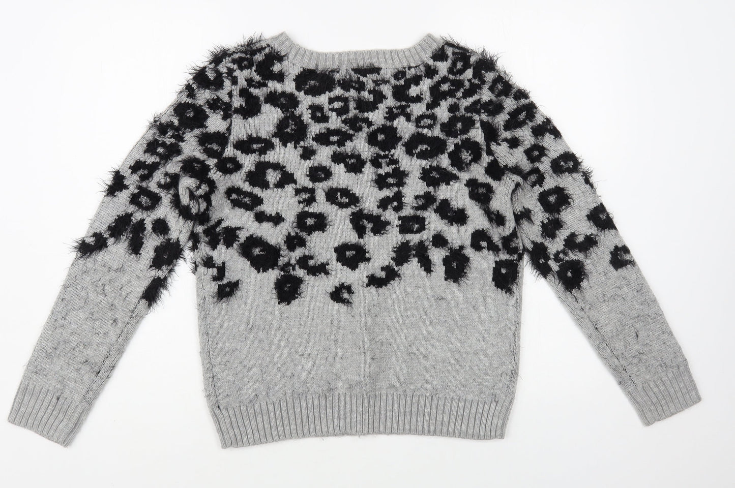 Marks and Spencer Womens Grey Boat Neck Animal Print Polyamide Pullover Jumper Size 8