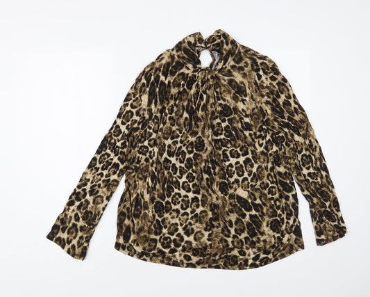 New Look Womens Brown Animal Print Viscose Basic Blouse Size 16 High Neck