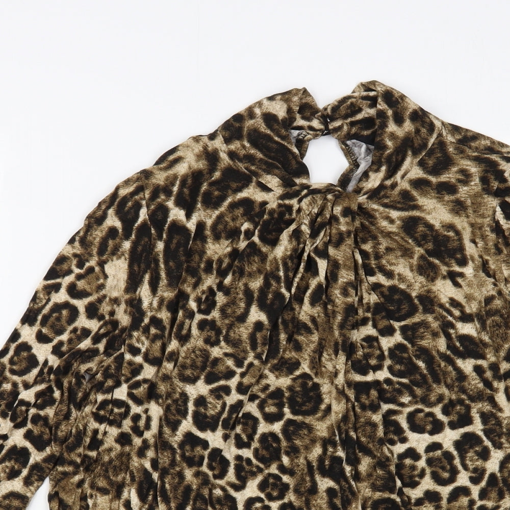 New Look Womens Brown Animal Print Viscose Basic Blouse Size 16 High Neck