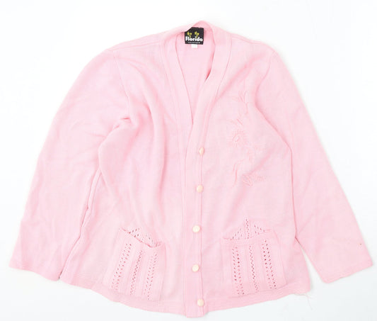 Florida Womens Pink V-Neck Acrylic Cardigan Jumper Size S