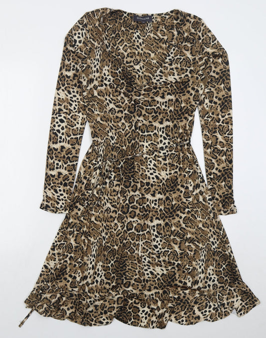 Sosandar Womens Beige Animal Print Polyester Skater Dress Size 8 V-Neck Pullover