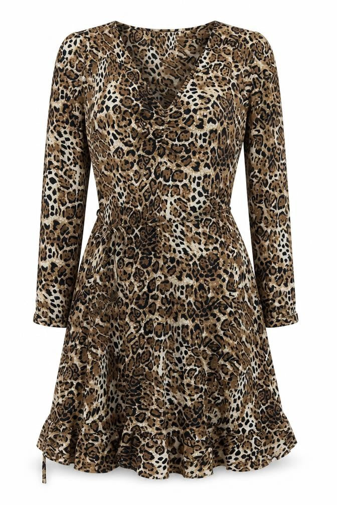 Sonsandar Womens Beige Animal Print Polyester Skater Dress Size 8 V-Neck Pullover