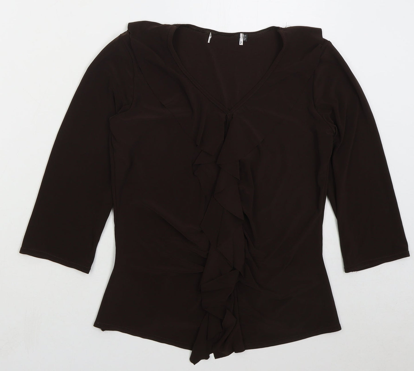 Preworn Womens Brown Polyester Basic Blouse Size 10 V-Neck