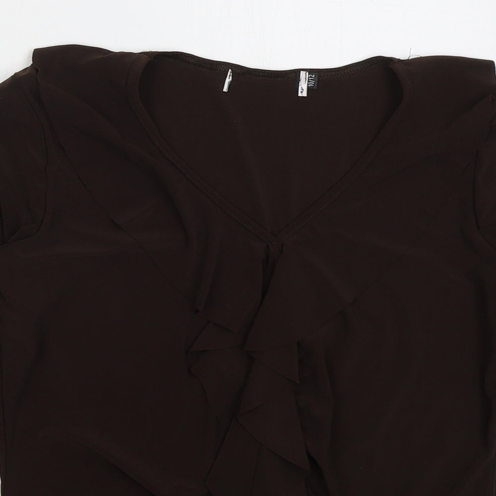 Preworn Womens Brown Polyester Basic Blouse Size 10 V-Neck