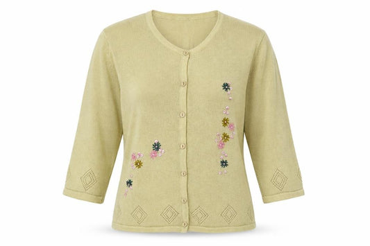 Preworn Womens Gold Round Neck Floral Acrylic Cardigan Jumper Size S