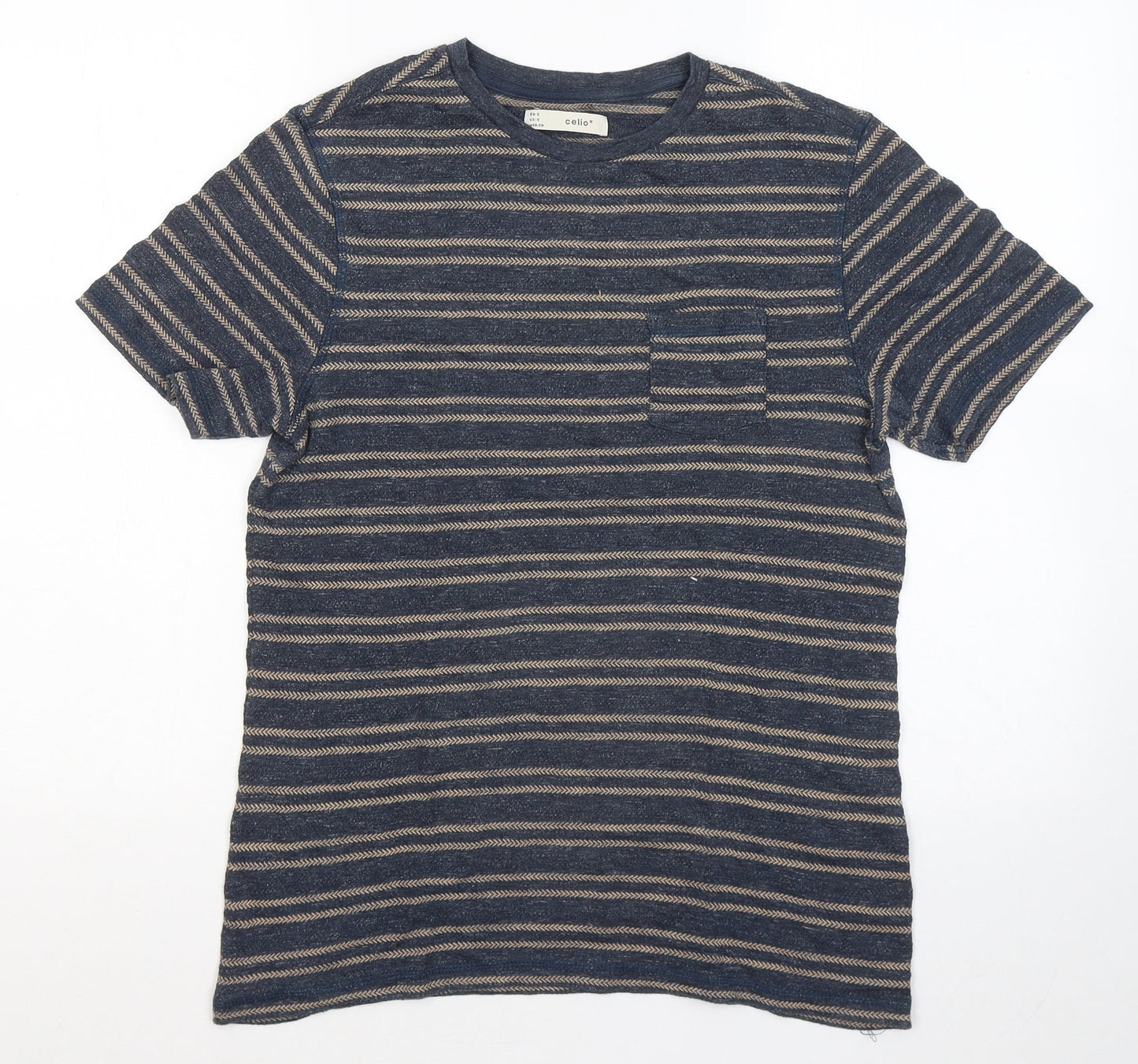 Celio Womens Blue Striped Cotton Basic T-Shirt Size S Round Neck