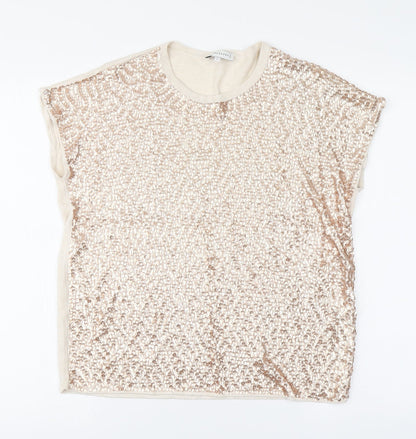 Warehouse Womens Beige Viscose Basic Blouse Size 10 Round Neck