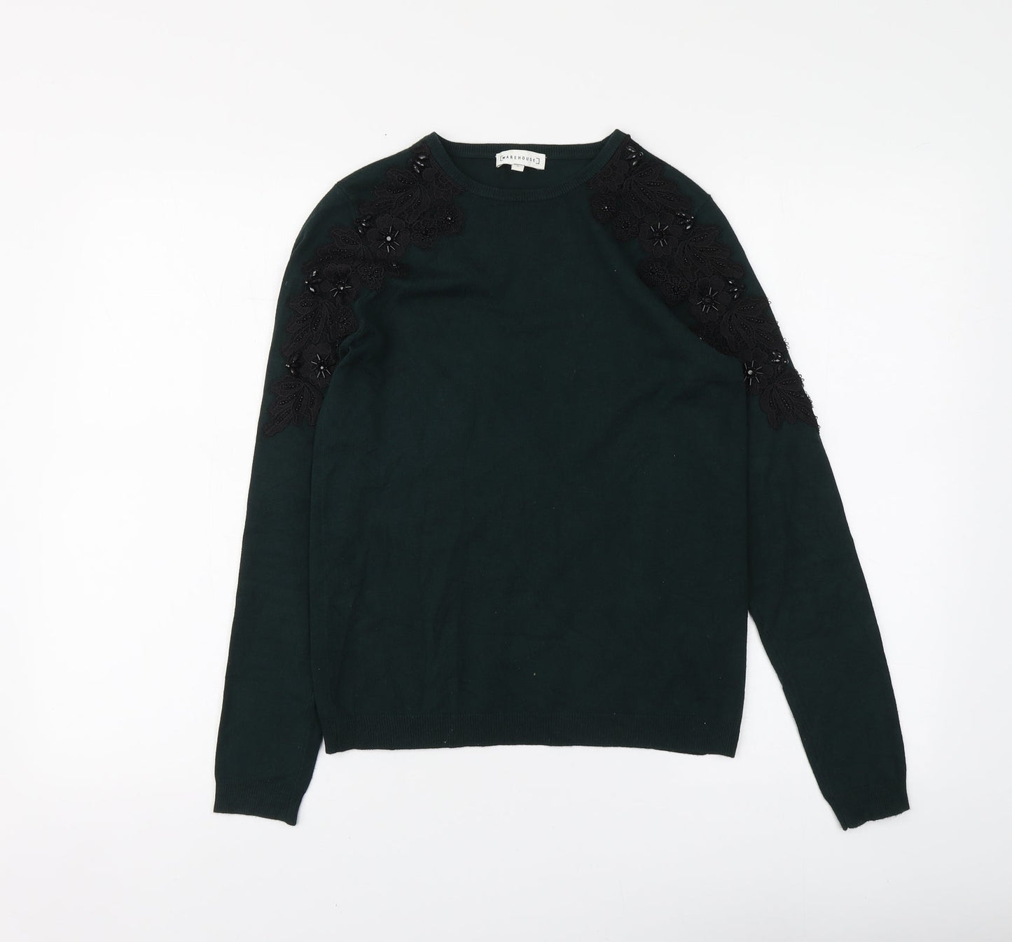Warehouse Womens Green Round Neck Cotton Pullover Jumper Size 6
