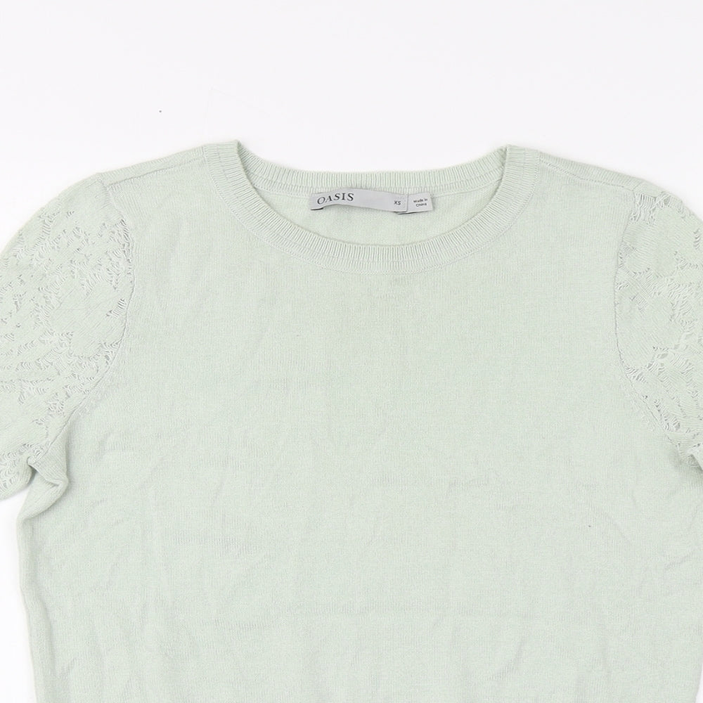 Oasis Womens Green Round Neck Cotton Pullover Jumper Size XS