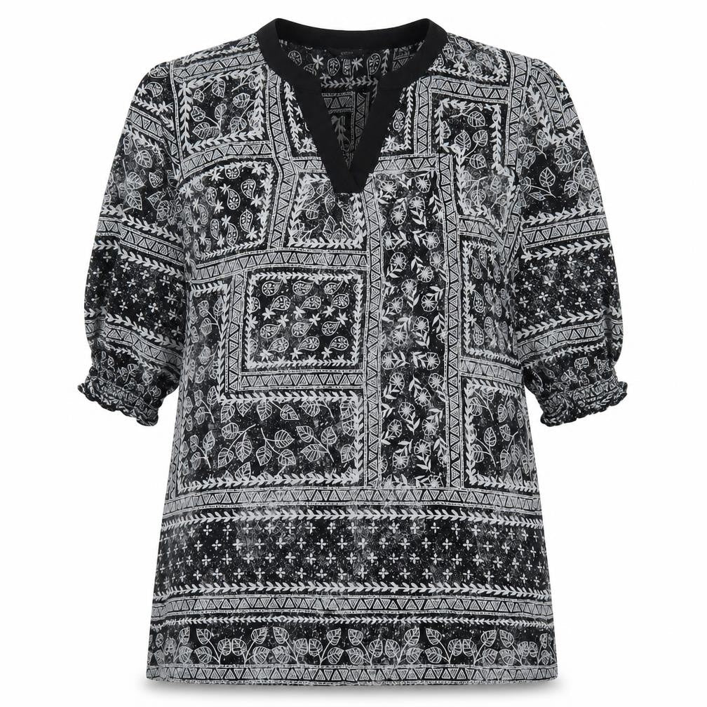 Yest Womens Black Geometric Polyester A-Line Size 10 V-Neck Pullover