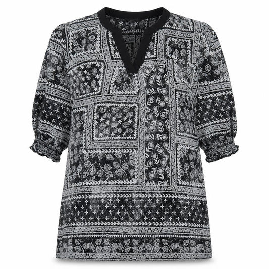 Yest Womens Black Geometric Polyester A-Line Size 10 V-Neck Pullover