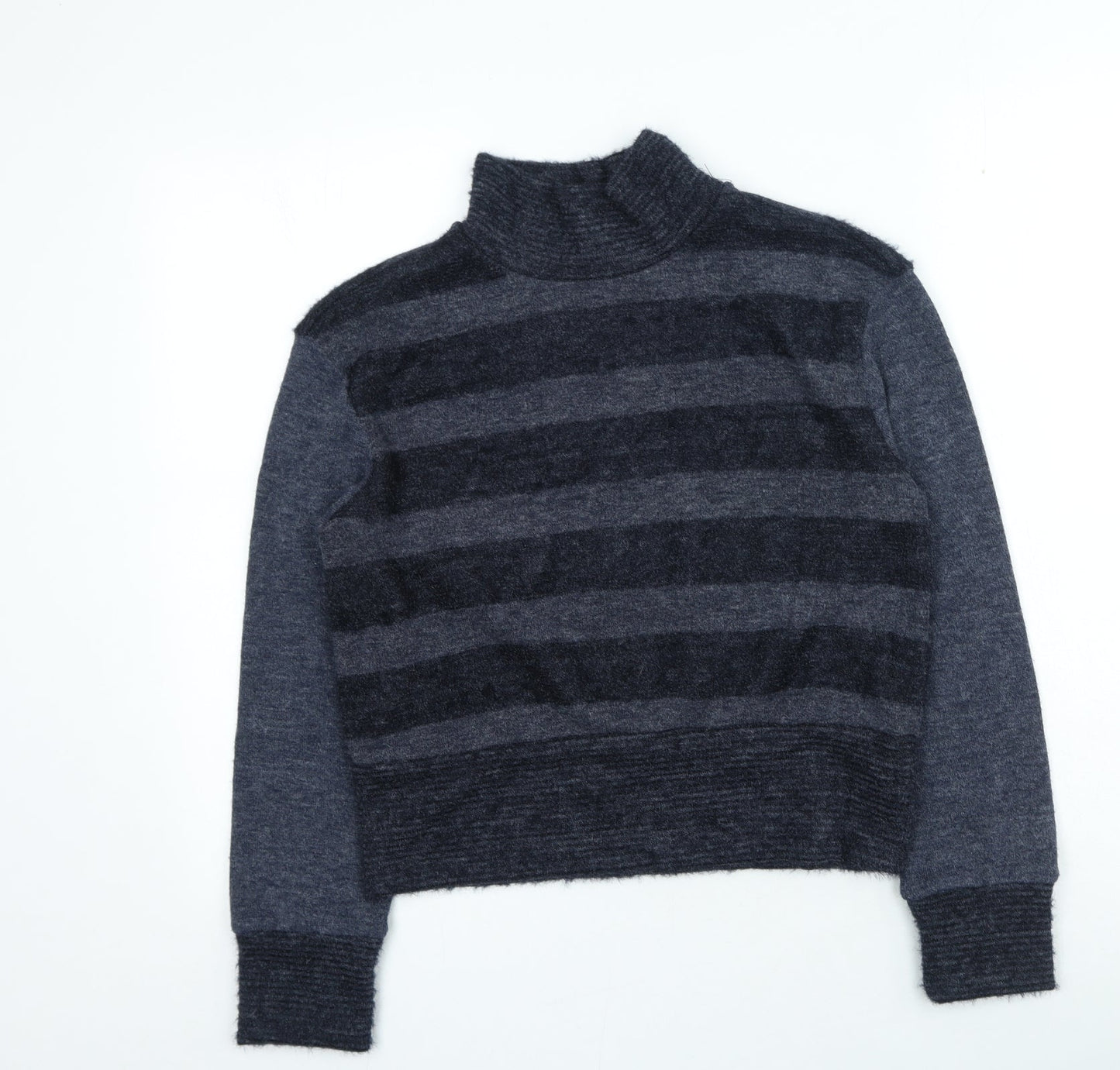 network Womens Grey High Neck Striped Acrylic Pullover Jumper Size S
