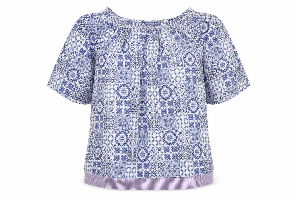 Gina Womens Blue Paisley Polyester Basic Blouse Size 12 Boat Neck
