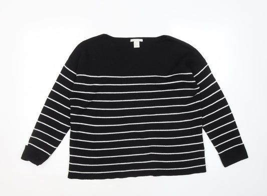 H&M Womens Black Round Neck Striped Polyester Pullover Jumper Size S