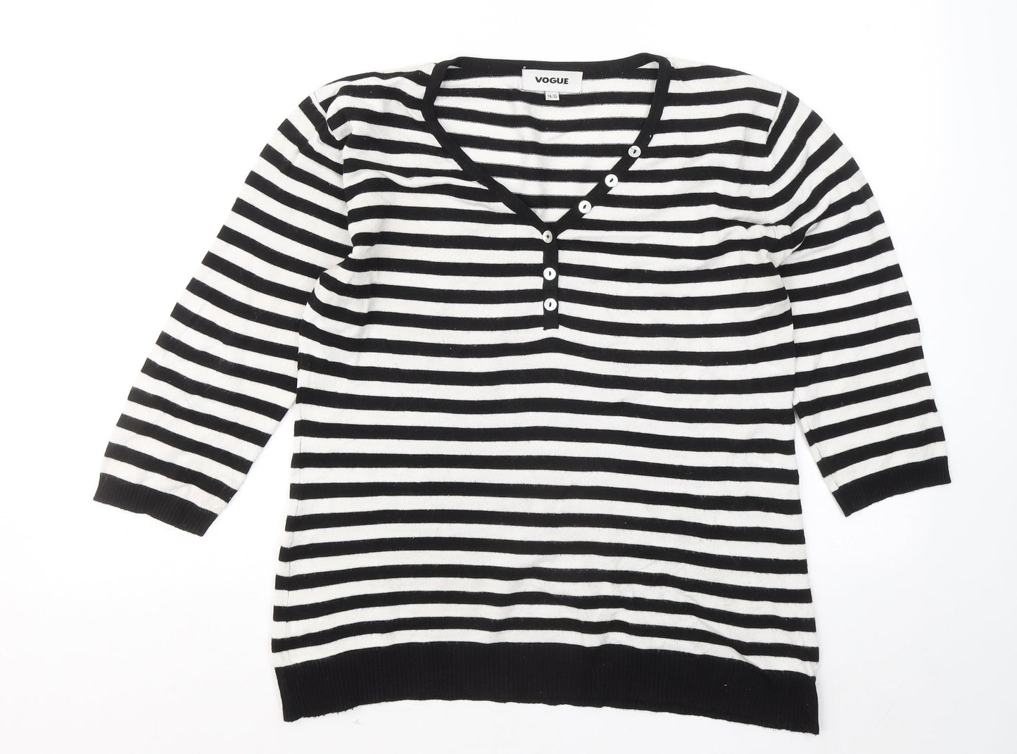 Vogue Womens Black Round Neck Striped Viscose Pullover Jumper Size 14