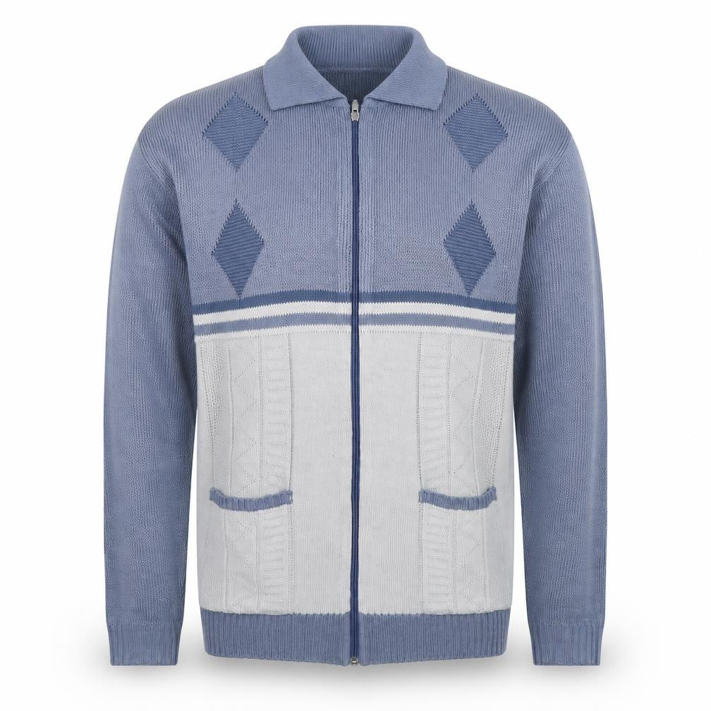 Premier Mens Blue Collared Striped Acrylic Full Zip Jumper Size M
