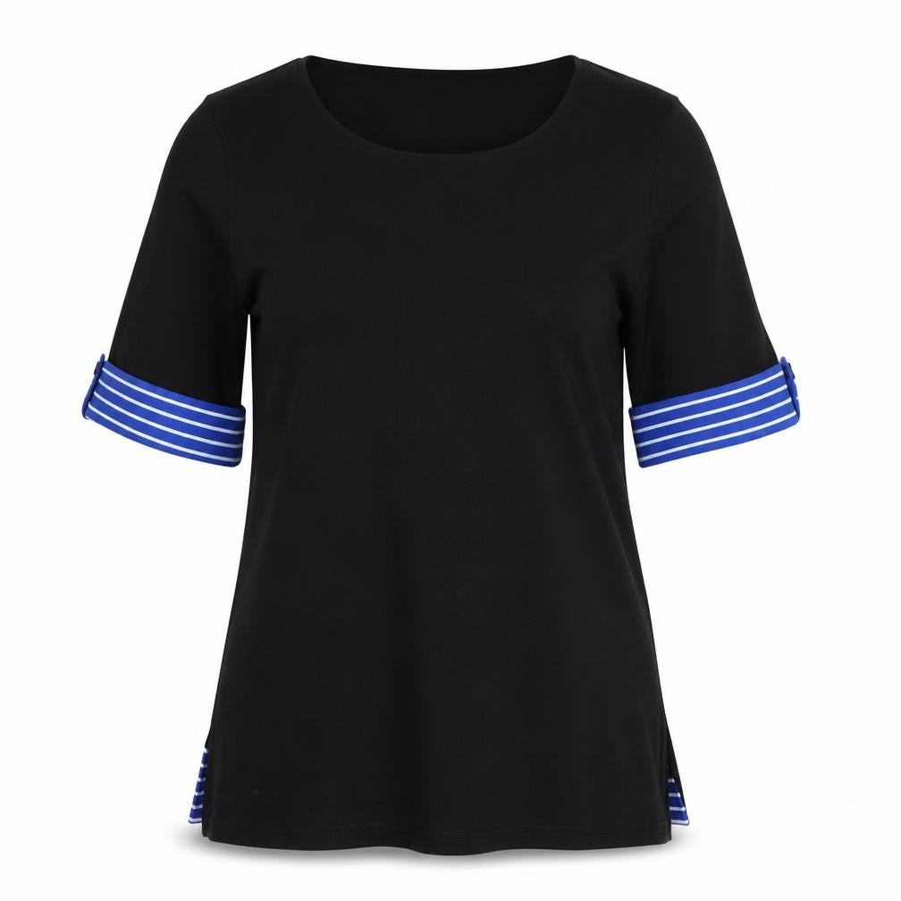 Nina Leonard Womens Black Striped Polyester Basic T-Shirt Size M Round Neck
