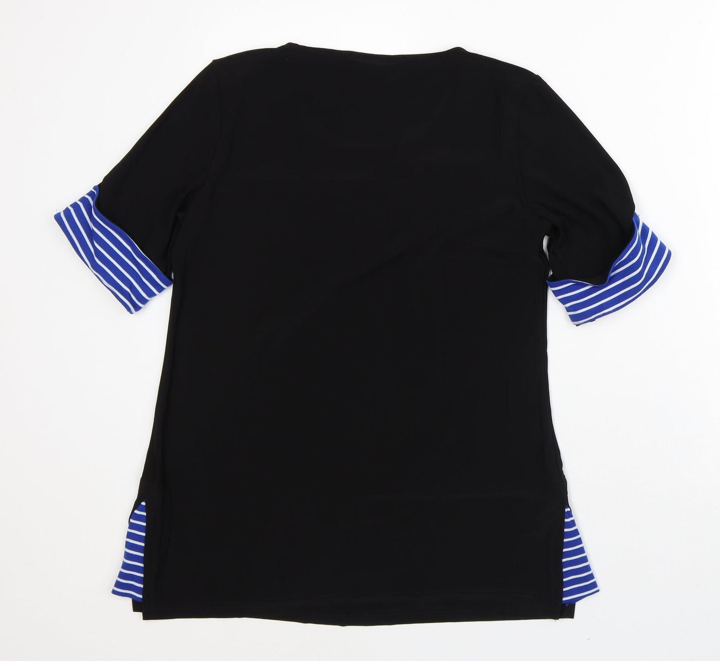 Nina Leonard Womens Black Striped Polyester Basic T-Shirt Size M Round Neck