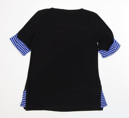 Nina Leonard Womens Black Striped Polyester Basic T-Shirt Size M Round Neck