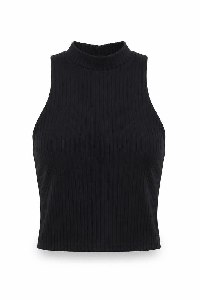 Parisian Womens Black Polyester Cropped Tank Size 8 Mock Neck