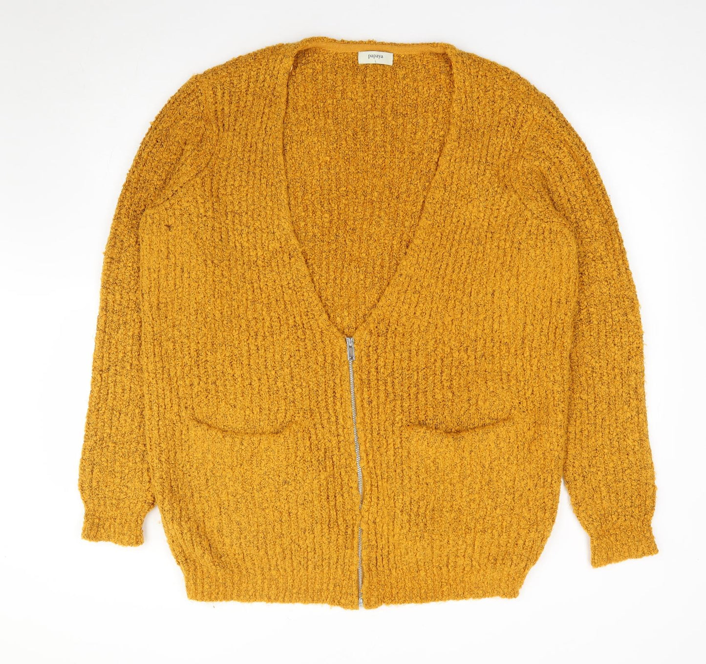 Papaya Womens Yellow V-Neck Acrylic Full Zip Jumper Size L