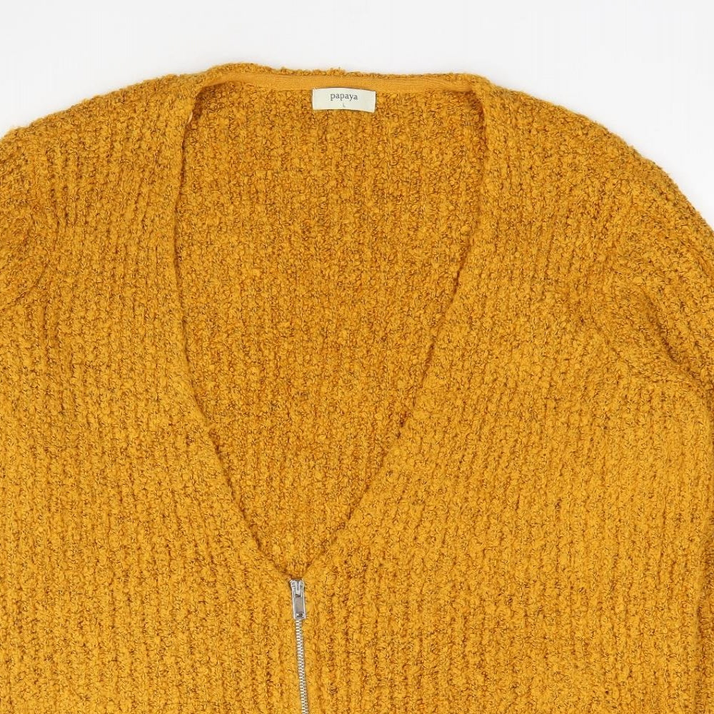 Papaya Womens Yellow V-Neck Acrylic Full Zip Jumper Size L