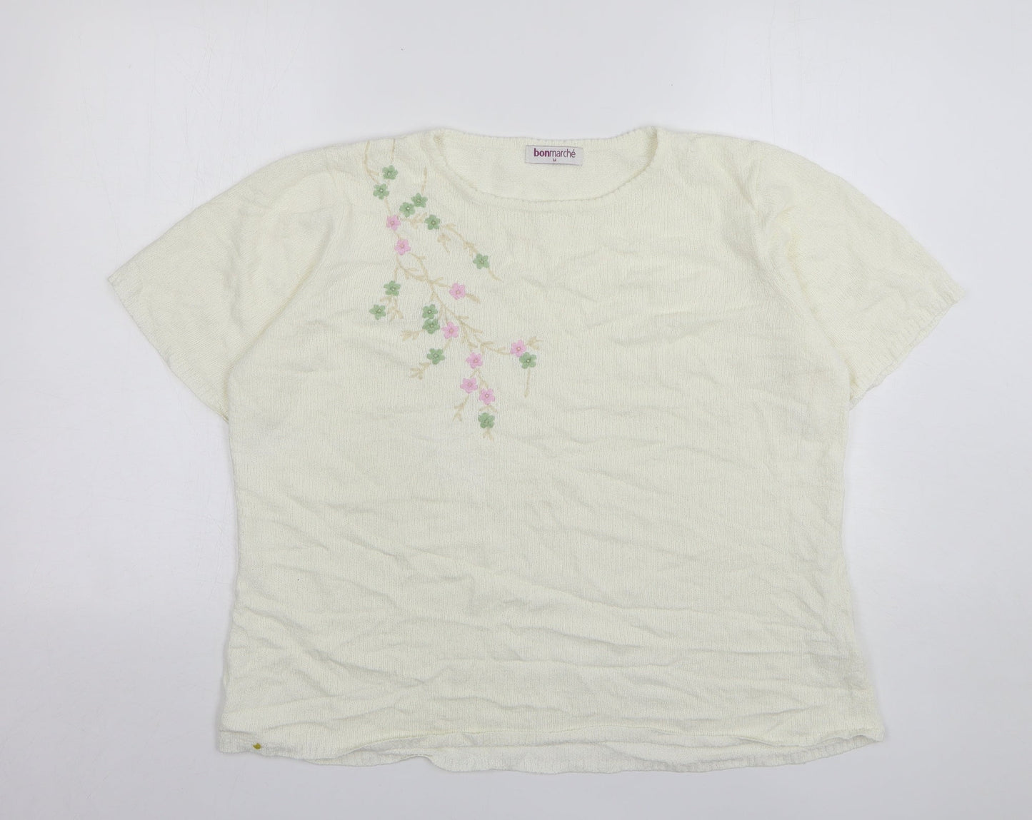 Bonmarché Womens Ivory Round Neck Floral Acrylic Pullover Jumper Size M