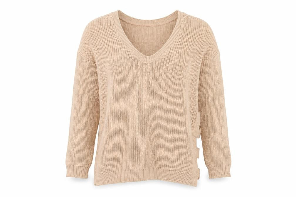 Boohoo Womens Beige V-Neck Cotton Pullover Jumper Size S - S/M
