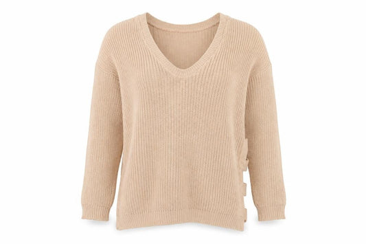 Boohoo Womens Beige V-Neck Cotton Pullover Jumper Size S - S/M