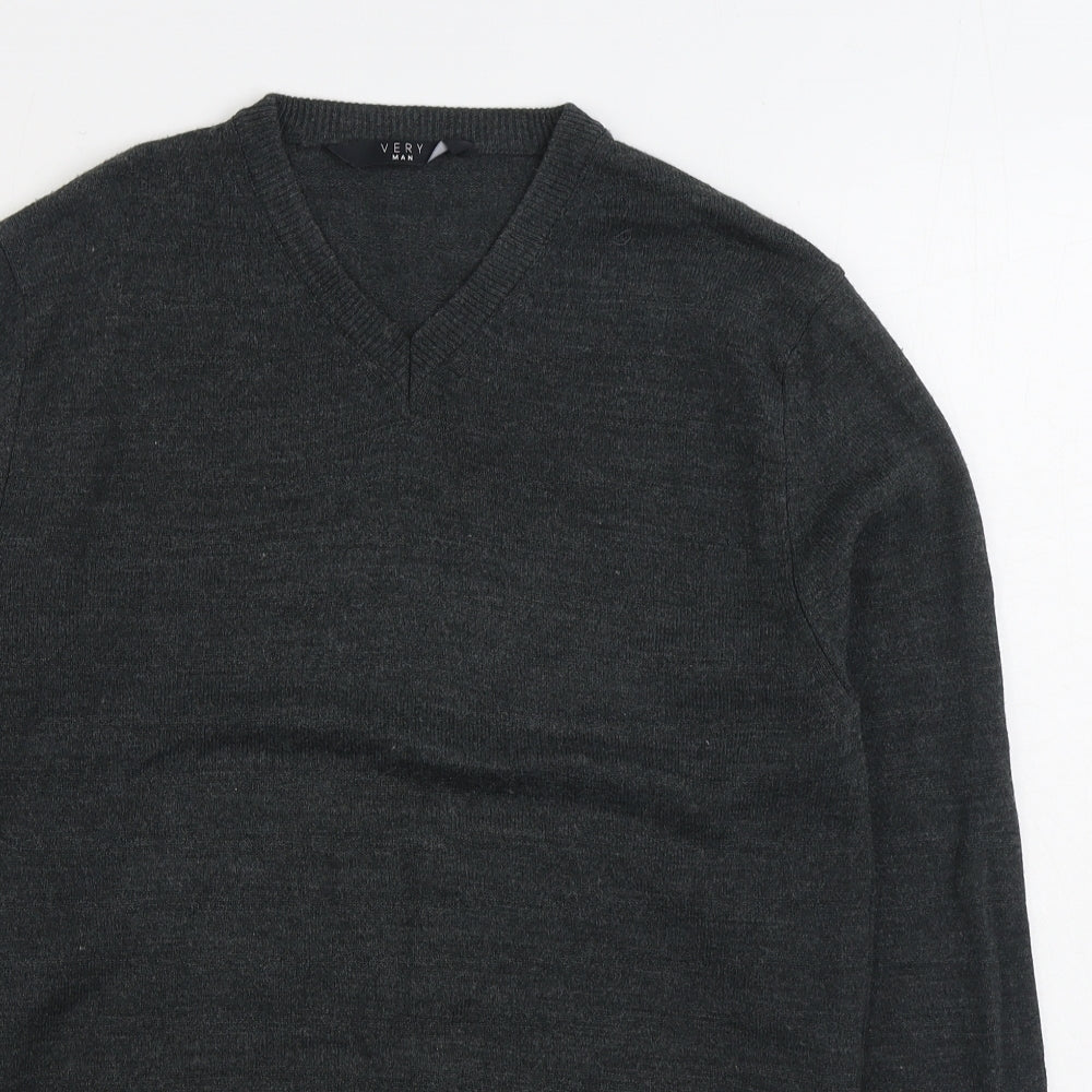 Very Man Mens Grey V-Neck Acrylic Pullover Jumper Size S